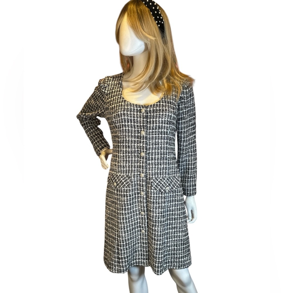 Taylor Black & White Tweed Long-Sleeve Button Front Dress - Picture 10 of 10